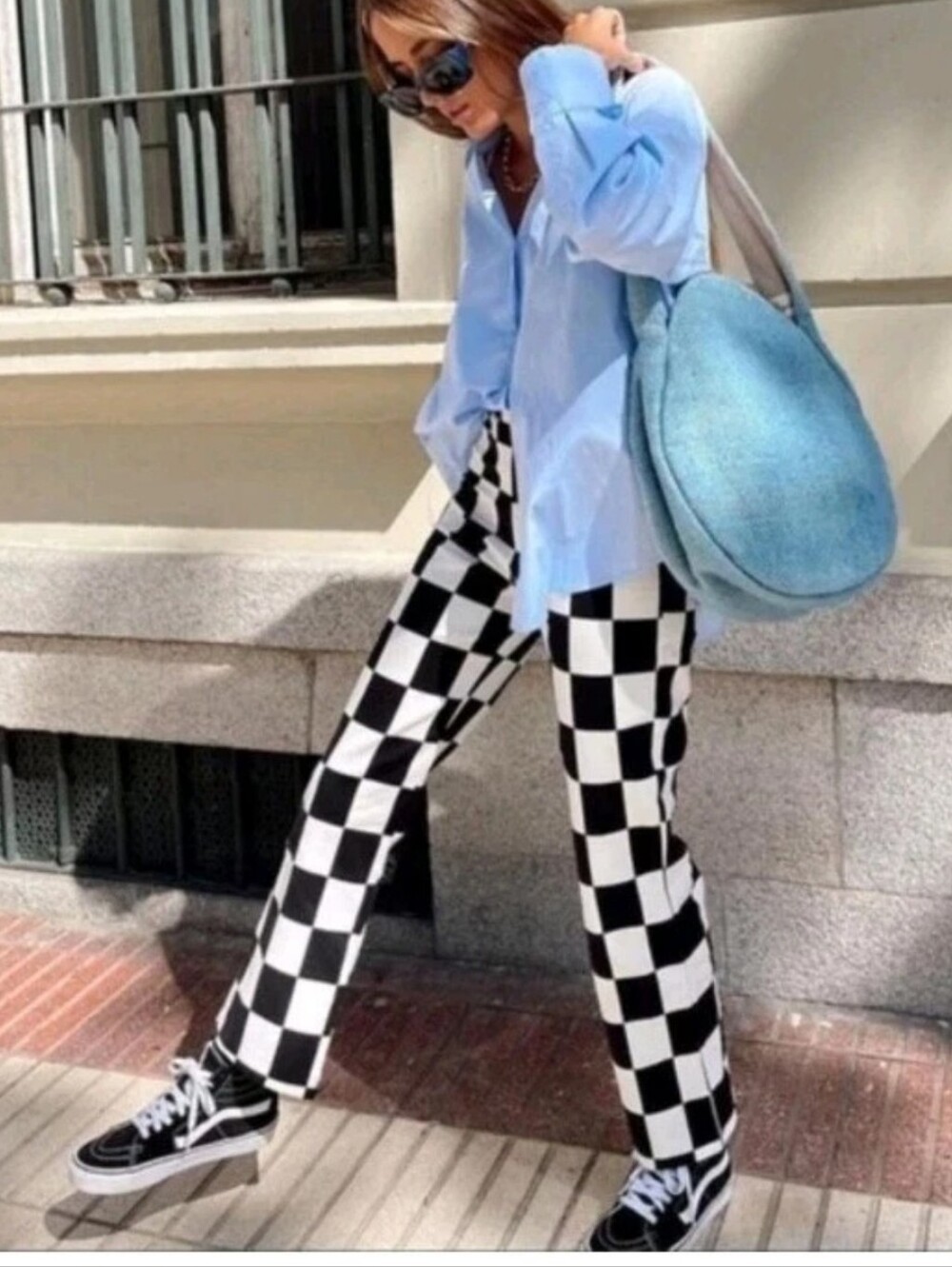 NEW Zara Checkered Pants Black White Large Block Ankle Cropped Straight Leg 5